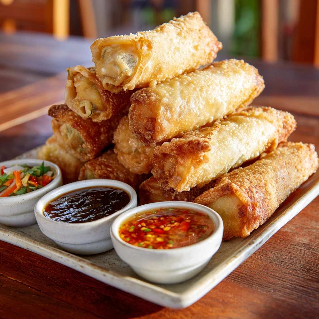 Served veggie egg rolls with dipping sauce