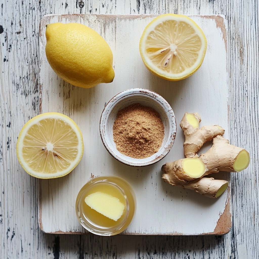 Apple cider vinegar, lemon, and ginger laid out on a white wooden board