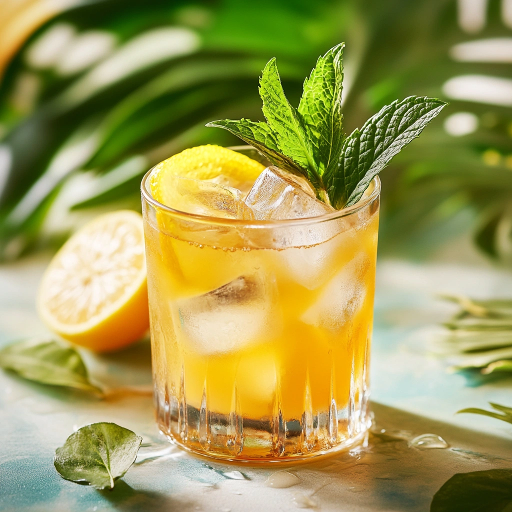 Chilled Brazilian Mounjaro drink with mint and lemon served over ice
