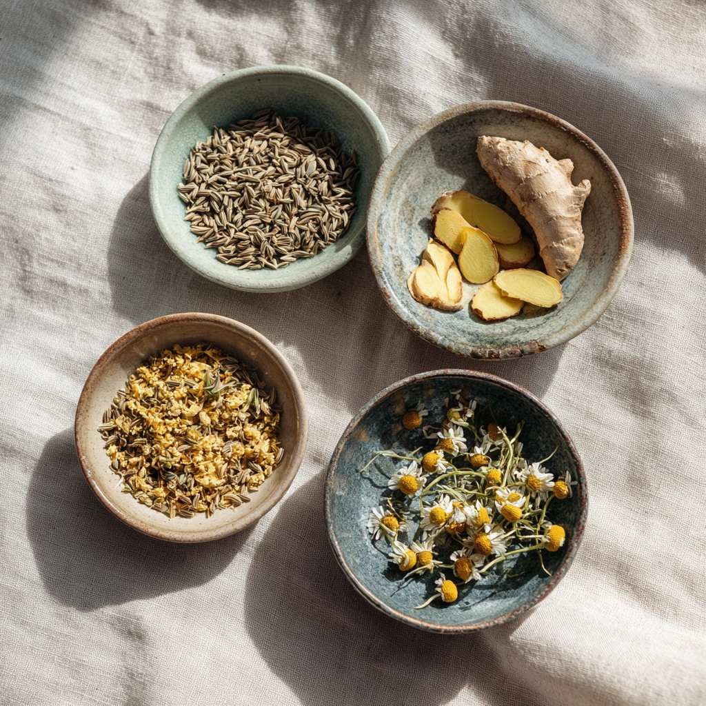 Tummy tea ingredients: fennel, peppermint, ginger