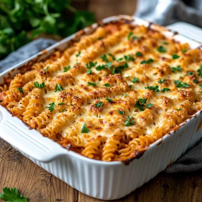 Tuna pasta bake in ceramic dish with golden cheese crust