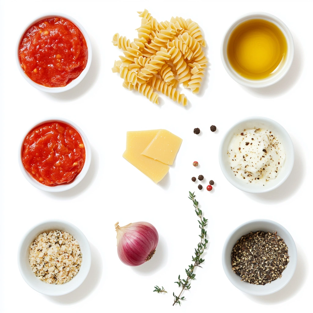 Ingredients for tuna pasta bake laid out on a white table