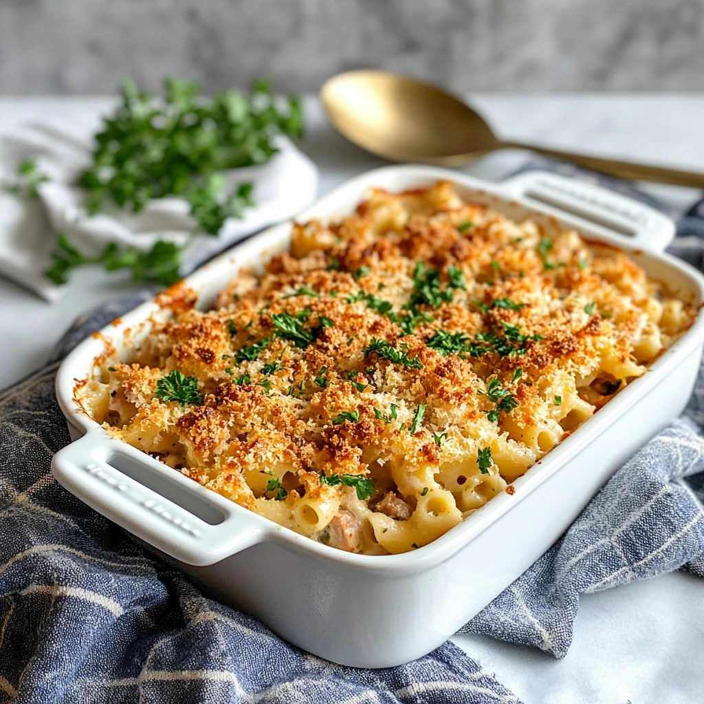 Baked tuna pasta with golden cheese topping
