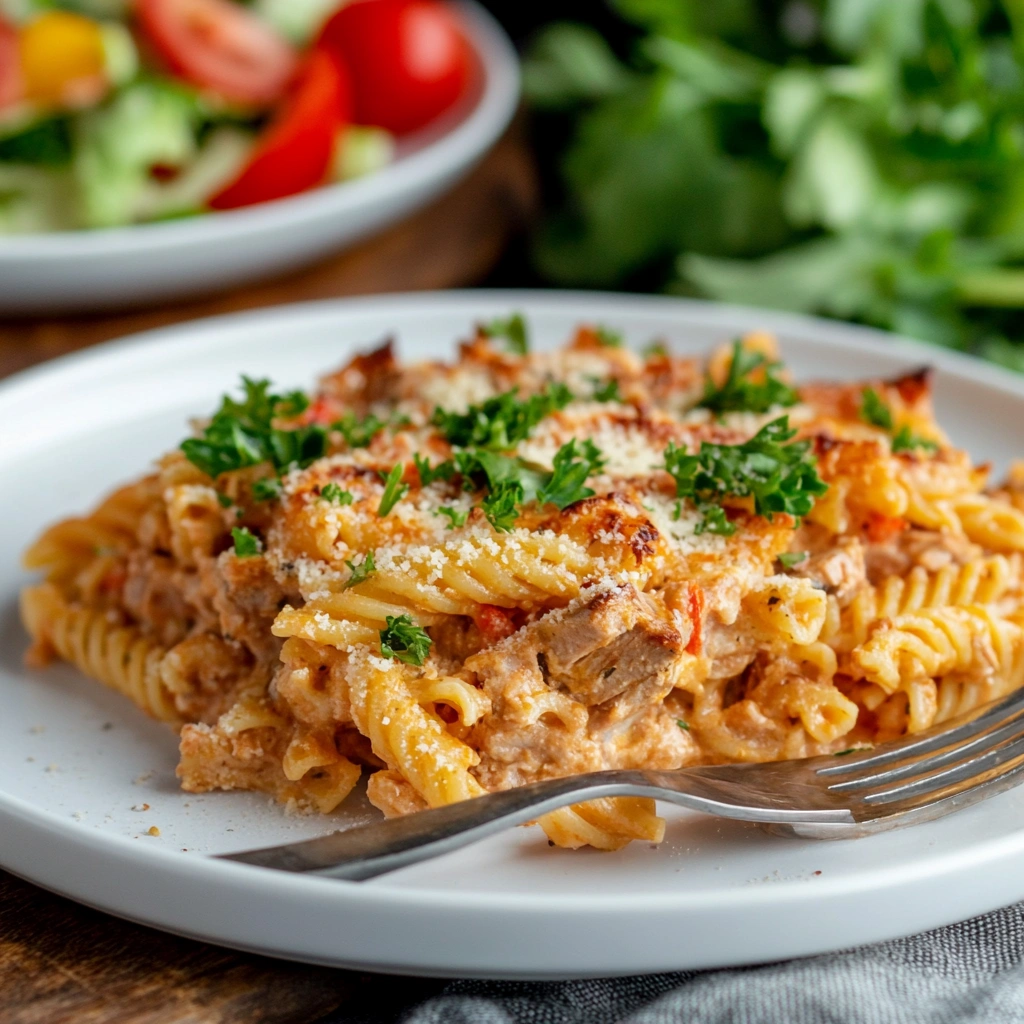 Serving of tuna pasta bake with parsley garnish