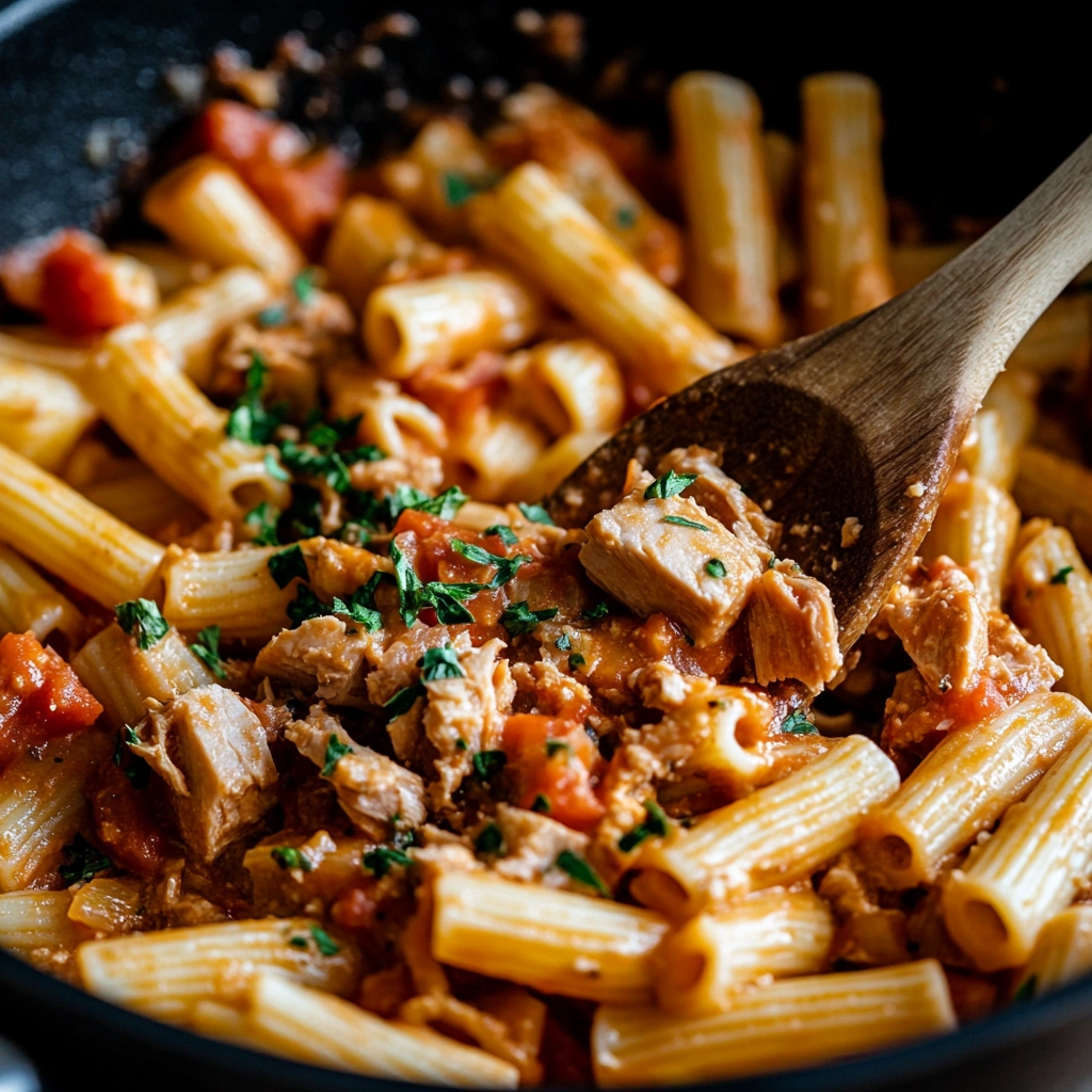 Tuna pasta bake in skillet before baking